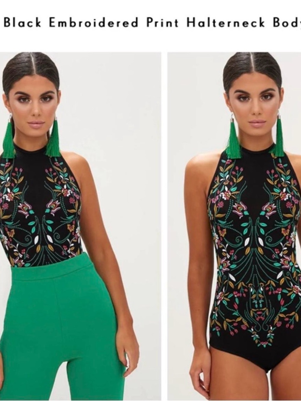 PrettyLittleThing Black Embroidered Halterneck Bodysuit with Multicolor Detail